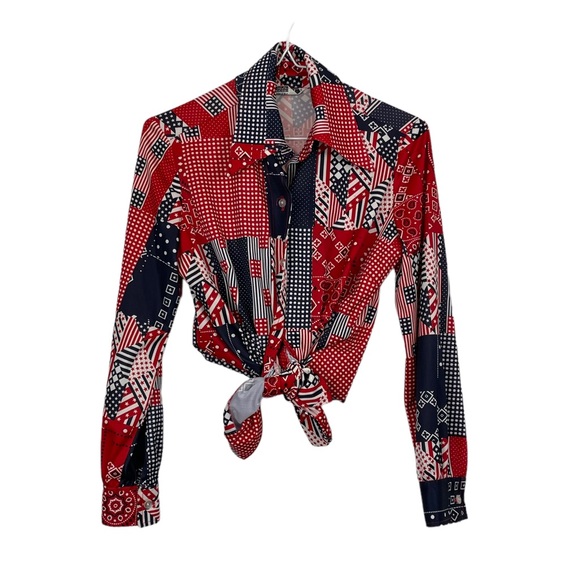 VINTAGE Career Girl Dallas Red White & Black Patchwork Long Sleeve Western Shirt - Picture 2 of 7